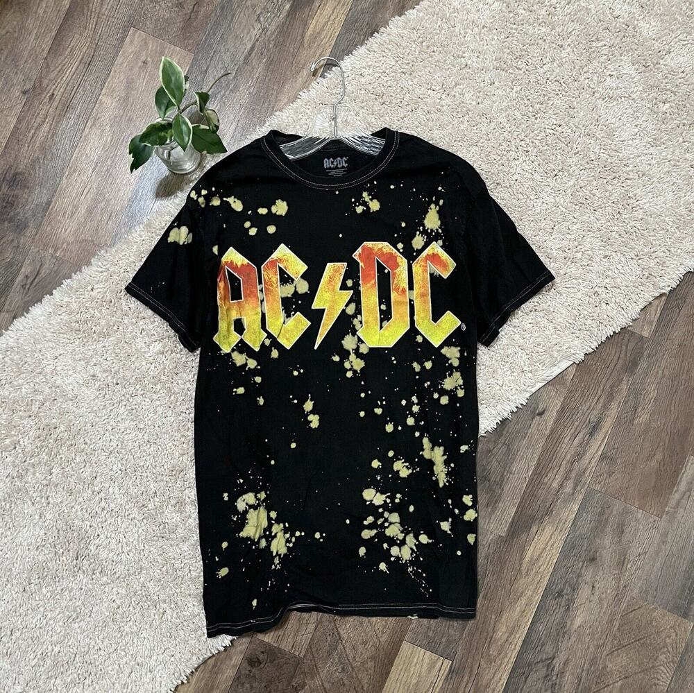 AC/DC Unisex Medium Black Bleached Grunge Rock Edgy Pullover Band Graphic Tee